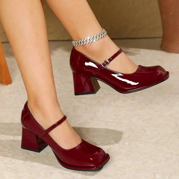 Chunky Heeled Mary Jane Shoes, Round Toe Red/Burgundy - Picture 3 of 7